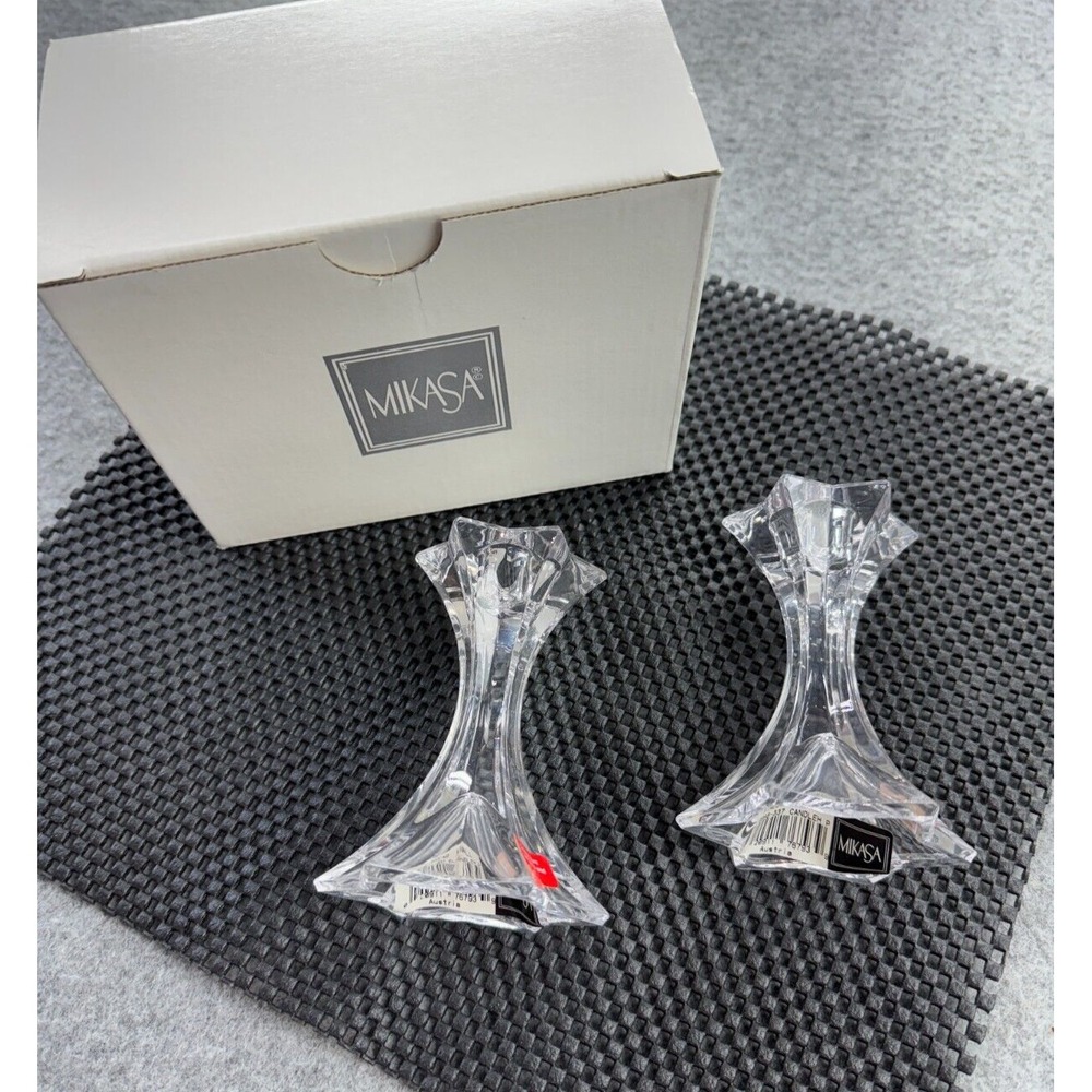Mikasa Firestar Crystal Candle Holders Pair Star Pattern Small 4" W/Box Austria